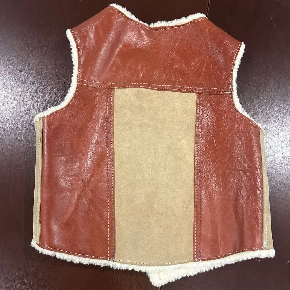 Vintage Genuine Leather Kids Sherpa Button Up Vest Size 14 HandMade In Mexico